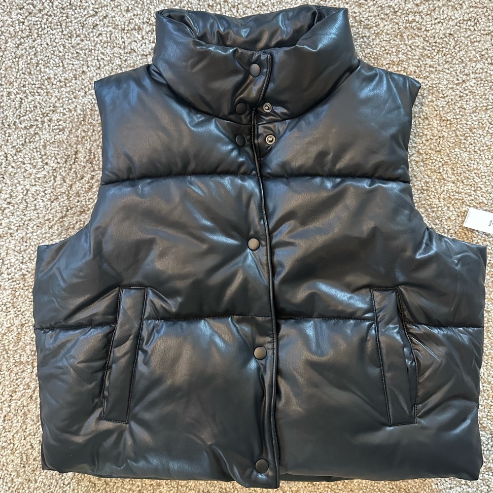 Black Puffer Faux Leather Vest